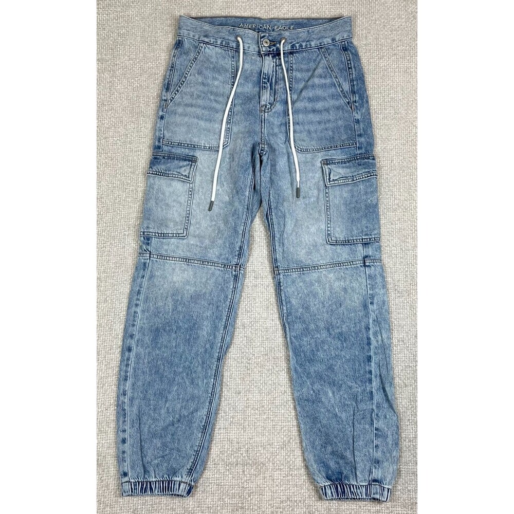 American Eagle Cargo Jogger Jeans Pants Women's Size 2 Baggy Blue Denim Zip Fly